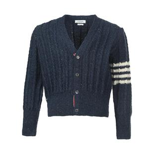 【自营】Thom Browne男士潮流休闲条纹拼接V领长袖针织开衫深蓝