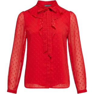 名师路红色衬衫女上衣秋新款荷叶边长袖薄款波点绑带直筒