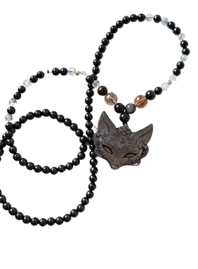 天然银曜石狐狸面具好运毛衣链