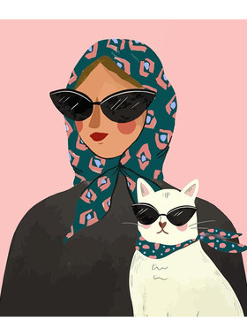 摩登美女和猫数字油画diy丙烯画