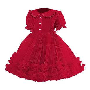 女童夏装连衣裙2025新款儿童洋气公主裙女宝高级感红色裙子蓬蓬裙