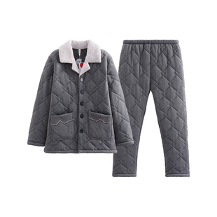 芬腾男款睡衣冬季三层加厚夹棉袄珊瑚绒套装抗静电加绒保暖家居服