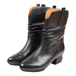 相伴真皮堆堆靴女2025新款中筒靴子粗跟尖头骑士靴设计感粗跟女靴