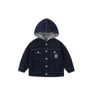 [防褪色]齐齐熊宝宝软牛仔连帽外套男童春秋款2026新款儿童休闲装