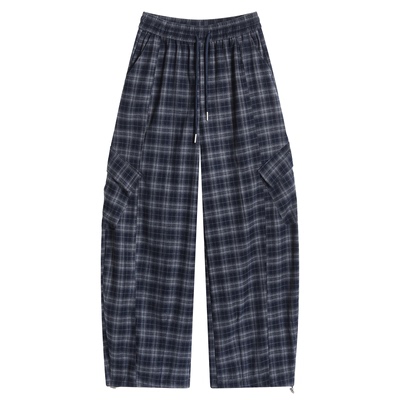 2025秋季新款加绒加厚格子工装裤高腰束脚阔腿两穿运动裤女