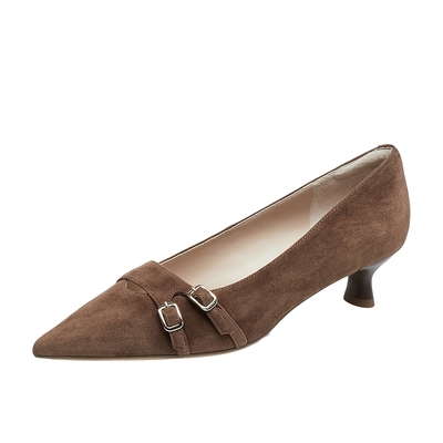 真美诗羊皮法式通勤金尖头高跟鞋