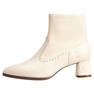 LINGMEICHEN白色短靴弹力靴时尚羊皮尖头高跟鞋法式袜靴粗跟皮靴