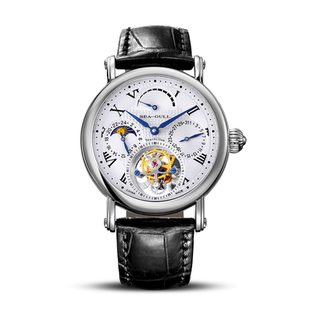 正品海鸥偏心轴陀飞轮鳄鱼皮表带多功能机械表男士商务男表8836