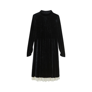 谷邦丝绒收腰连衣裙女2025秋冬新款蕾丝边拼接中长款千金风小黑裙