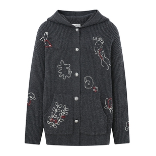 DIANAVEVINA冬新款绵羊毛海洋元素手工刺绣连帽宽松毛衣针织开衫