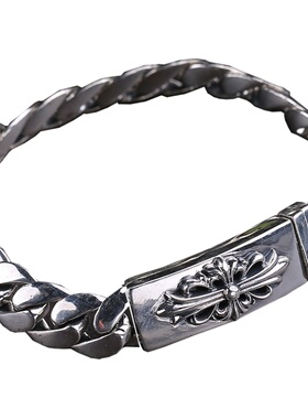 天使之愿925银复古泰银男士手链男光面十字架男款手链 霸气情侣款