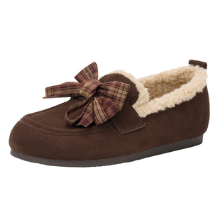 达芙妮平底加绒面乐福鞋2025新款女款保暖秋冬季毛毛绒里小皮鞋子