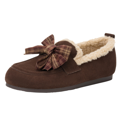 棕系蝴蝶结保暖鞋，居家外出暖脚