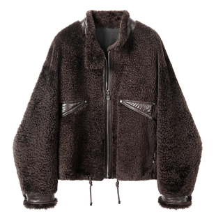 赛巴盾西班牙拉贡羊羔皮毛一体女士短款真皮皮草立领休闲外套2025