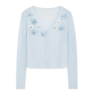 bebe2026春季新款女士重工立体花朵装饰V领长袖针织开衫130603