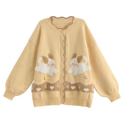 森女部落甜美风百搭针织开衫女2026秋冬宽松可爱卡通刺绣长袖毛衣