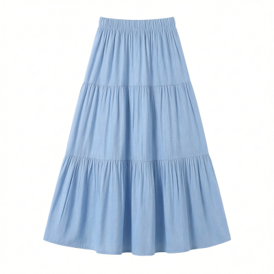 Solid color elastic waistband A-line long skirt松紧腰a字长裙