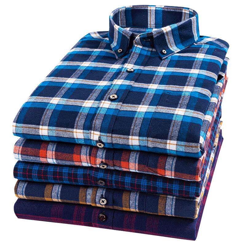 啄木鸟秋季男士长袖纯棉大格子衬衫中年爸爸装休闲款全棉磨毛衬衣