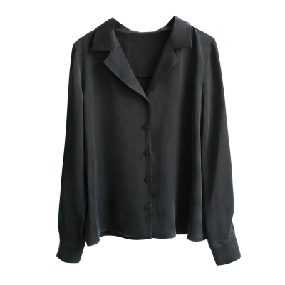 法式赫本风休闲翻领黑色真丝衬衣
