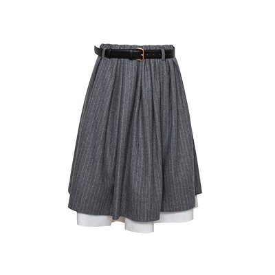 TOP家 J佳版型 法式时髦复古灰色系条纹拼接羊毛大摆半身裙送腰带
