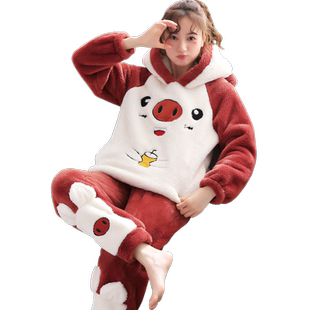 女士睡衣秋冬款法兰绒加厚珊瑚绒加肥加大胖MM可爱卡通家居服套装