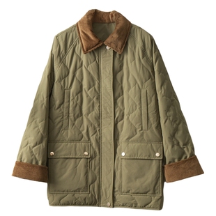 高端95白鹅绒羽绒服中长款灯芯绒拼接撞色翻领菱格三防鹅绒服外套