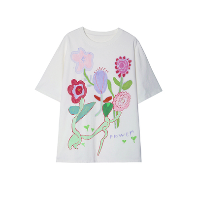 有耳uare手绘花朵涂鸦短袖T恤