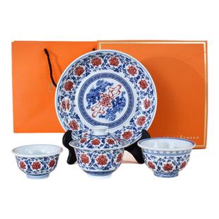 景德镇青花釉里红缠枝莲盖碗壶承茶杯四件套家用功夫茶具礼盒套装