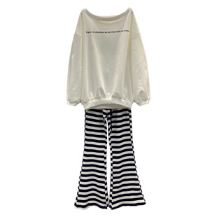 2026春季新款韩版休闲百搭露肩字母卫衣抽绳松紧腰条纹喇叭裤套装