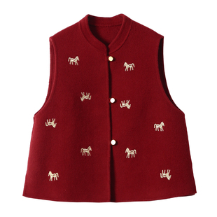 淘么淘 “马到成功”!羊绒羊毛天丝新中式红色刺绣双面呢马甲女