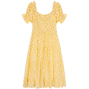 今屿花花今年流行的漂亮裙子2025年新款夏季方领短袖连衣裙碎花裙