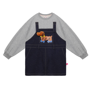 pocoblush【面包小狗】牛仔卫衣衫2026秋冬女童假两件加绒上衣