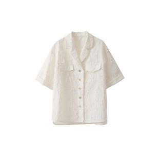 【到手99元】法式剪花古巴小翻V领短袖衬衫复古宽松白色衬衣女夏