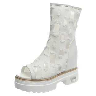 夏天网鞋女透气薄款网面帆布马丁靴厚底内增高10cm公分网纱凉靴潮