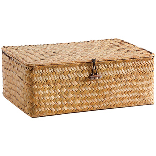 藤编织收纳筐篮子带盖 手工海草编桌面收纳盒 有盖收纳箱 收纳篮