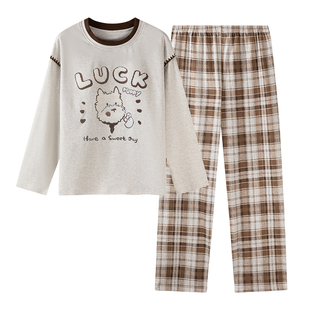 卡之恋睡衣女款秋冬长袖带胸垫纯棉加厚格子睡裤套装春秋季家居服