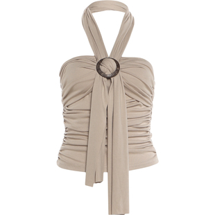 WEIRD PUSS 椰林海岛晚风松弛感挂脖褶皱抹胸背心女 性感修身上衣