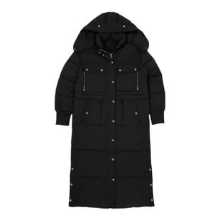 SANDRO秋冬女装时尚休闲黑色连帽立领抽绳收腰长款过膝棉服外套