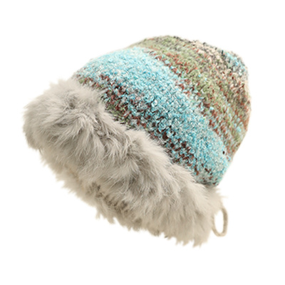 秋冬复古时髦拼色毛绒毛线帽女