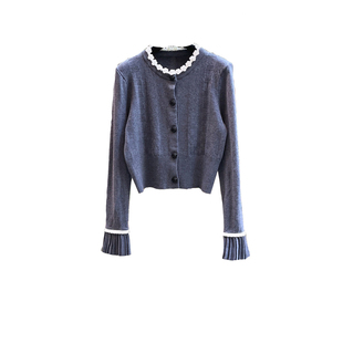 秋季小香风立体手工钩花千金感甜美短款圆领针织开衫百褶半裙套装