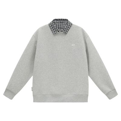 吕小虎ACTUP 春季撞色格子翻领假两件卫衣男重磅390g刺绣长袖上衣