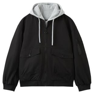 快鱼2025冬季夹克男假两件连帽外套加厚百搭宽松上衣撞色潮男棉衣