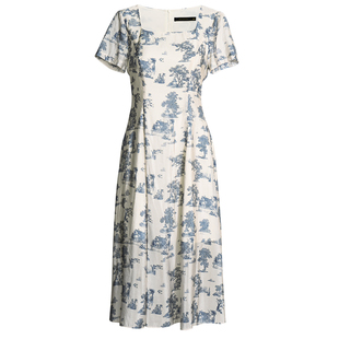 罗衣新中式方领收腰连衣裙女夏中国风上班通勤大摆中长裙子10584