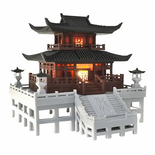 二层古殿摆件盆景假山微景观造景通用中式古建筑装饰模型古韵环保