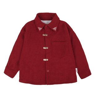 男童红色衬衫加厚2026冬季新款一体绒男童灯芯绒年服衬衫9250