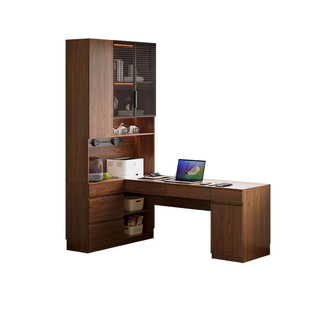 定制橡木书桌书柜一体靠墙转角儿童写字桌实木玻璃书架学习电脑桌