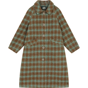 妖精的口袋复古格纹中长款毛呢外套女2025冬新款小个子学院风大衣