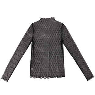 透明黑色高领网纱打底衫女秋季新款蕾丝内搭纱衣性感镂空渔网上衣