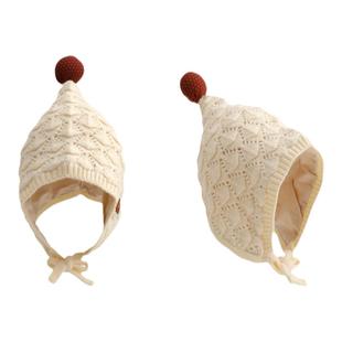 婴儿帽子秋冬针织护耳帽宝宝公主毛球巫师帽女韩版保暖防风毛线帽