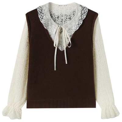 慕兔蕾丝打底衫叠穿针织背心套装